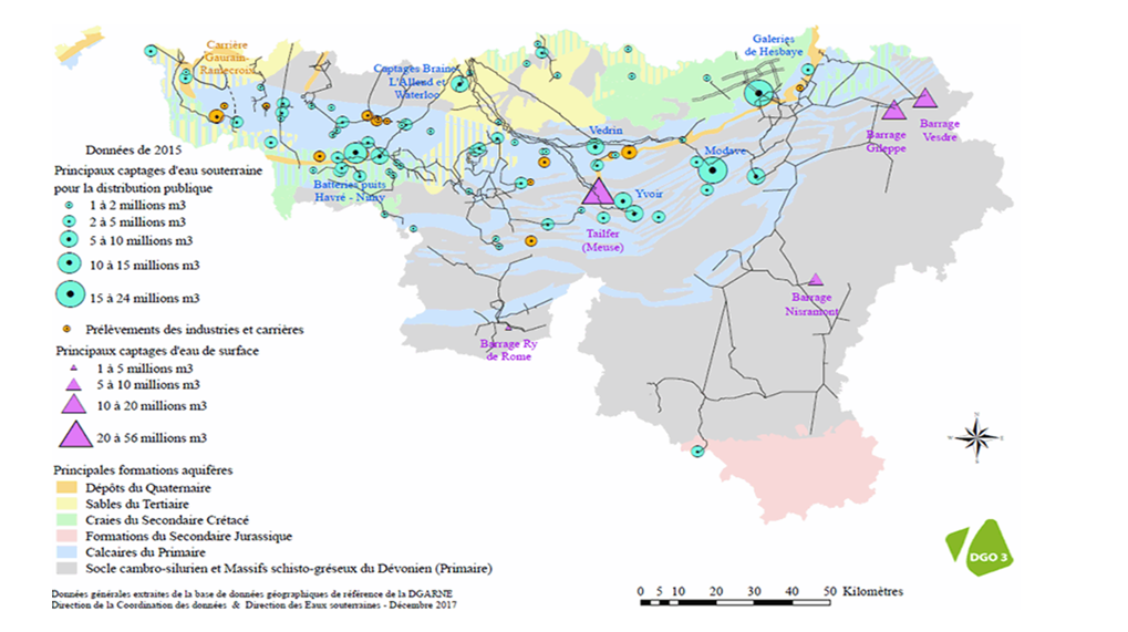 En gris sur la carte : les zones où les accumulations d'eau sont faibles. Lorsque l'alternative d'importants stickage de surface n'existe pas, la zone risque de manquer d'eau en cas de forte sécheresse (source SPW)